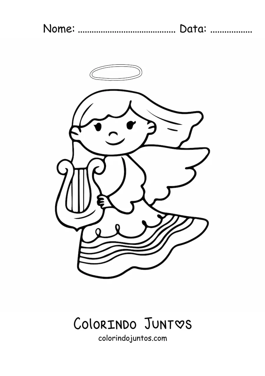 Desenho para colorir de menina anjo com harpa