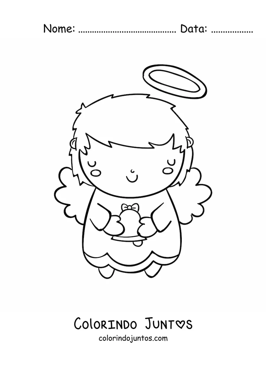 Desenho para colorir de anjo natalino animado com sino