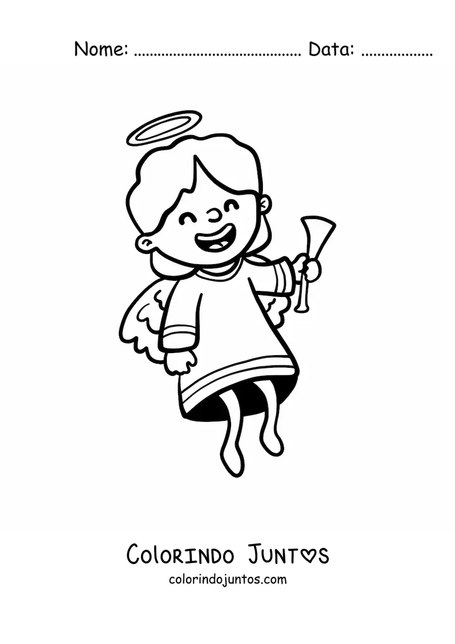 Desenho para colorir de anjo feliz animado com trombeta