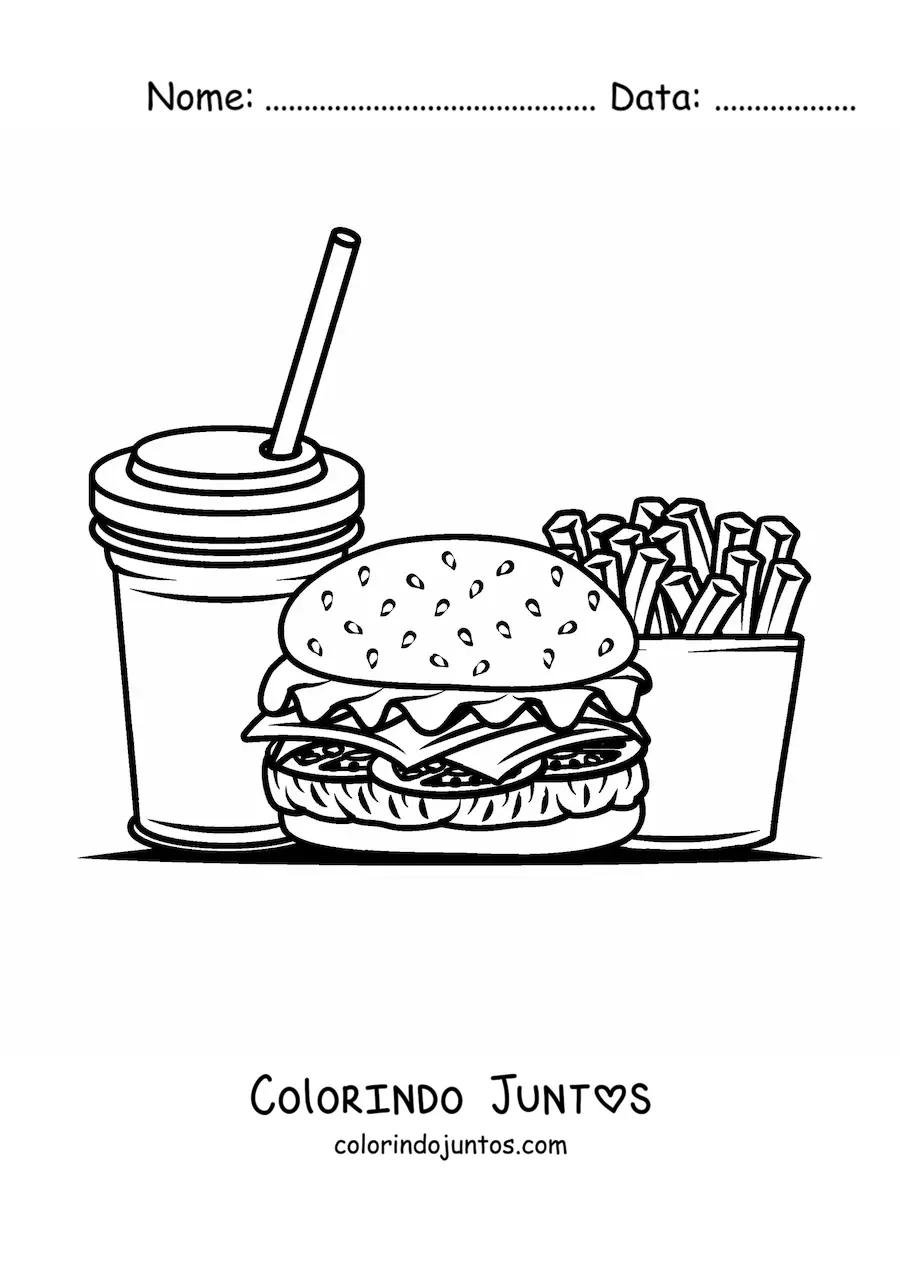 Desenho para colorir de um hamburguer com refrigerante e batata frita