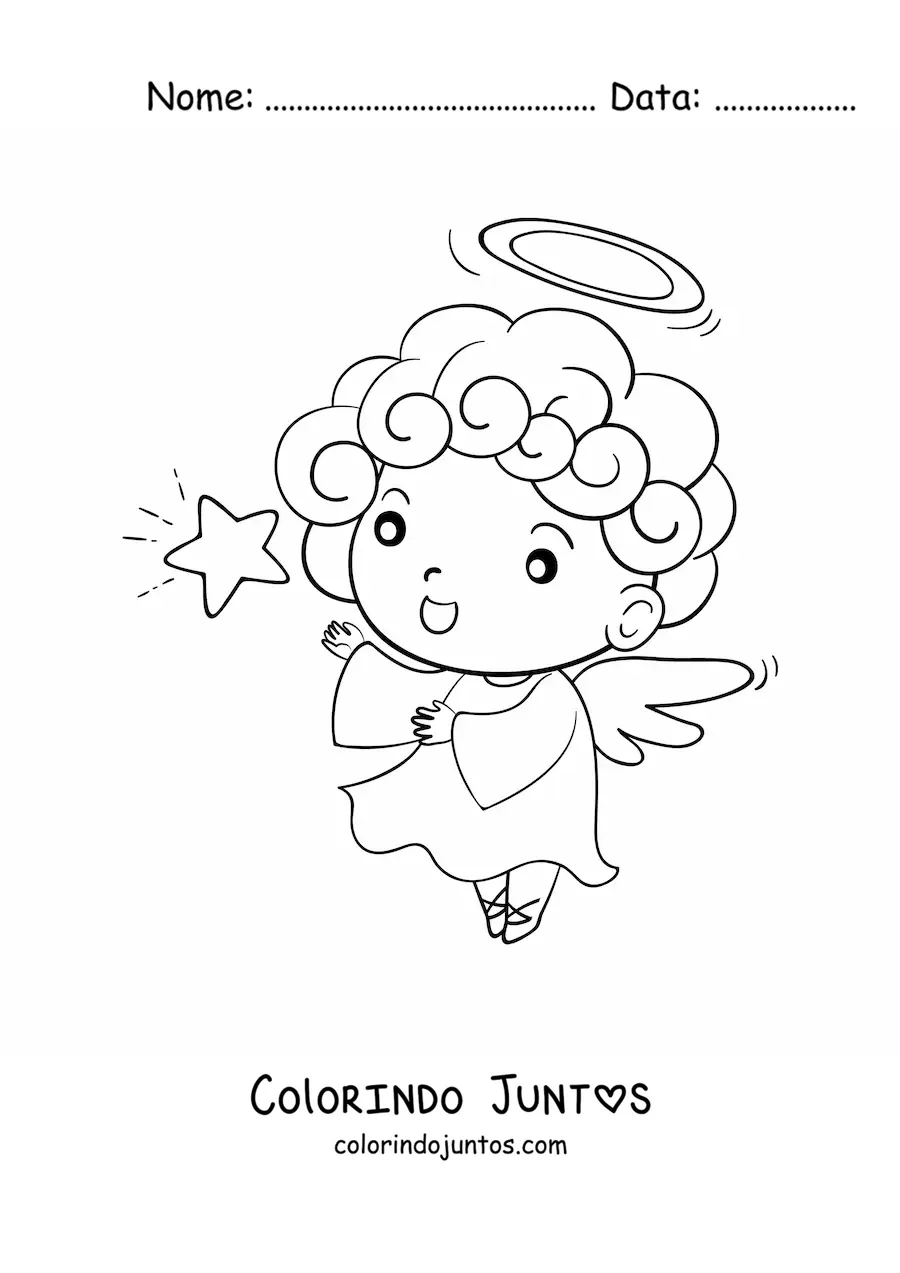 Desenho para colorir de menino anjo animado voando com estrela