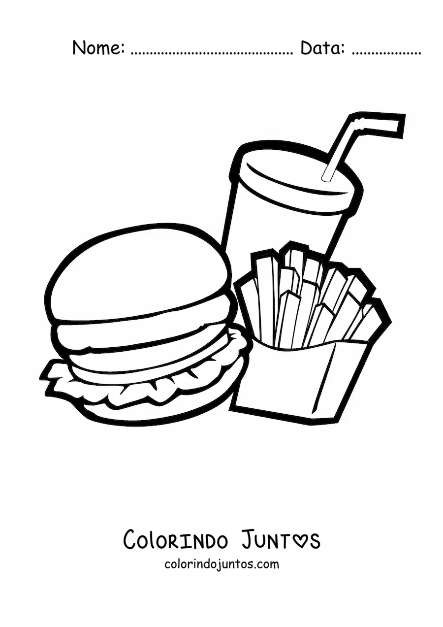 Desenho para colorir de um hamburguer com batata frita e refrigerante animado