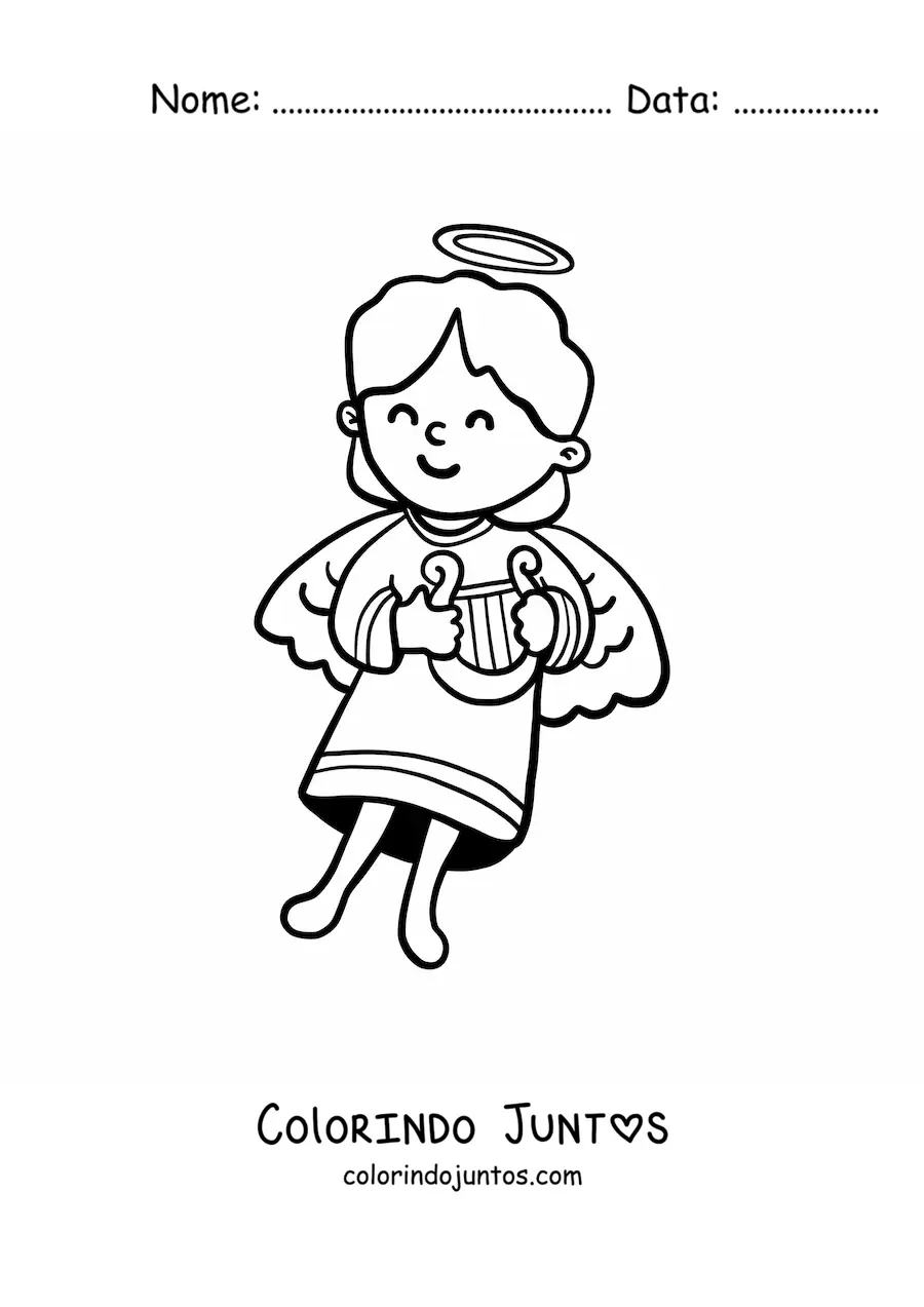 Desenho para colorir de menina anjo animada com harpa