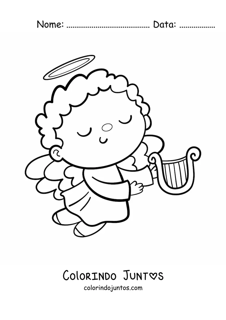 Desenho para colorir de menino anjo animado voando com harpa