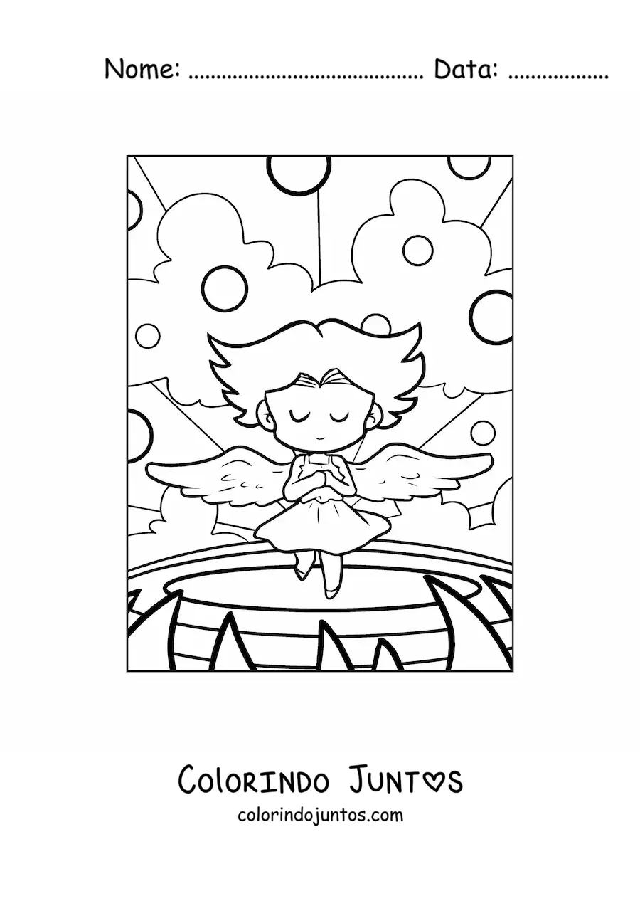 Desenho para colorir de um anjo em desenho com as asas abertas