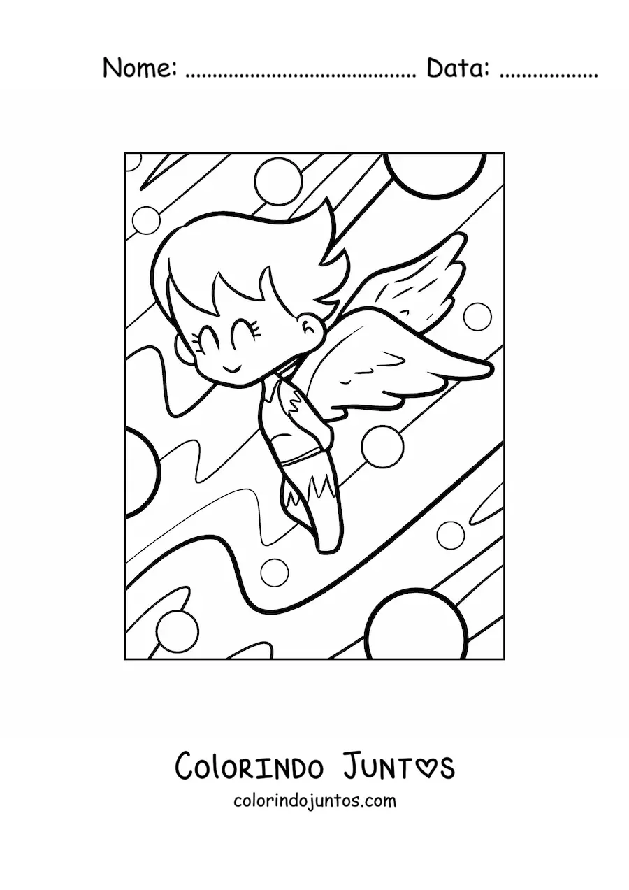 Desenho para colorir de um anjo em desenho voando no céu