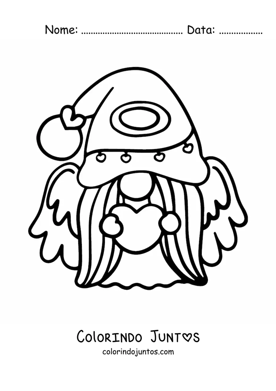 Desenho para colorir de um gnomo anjo em desenho com coração