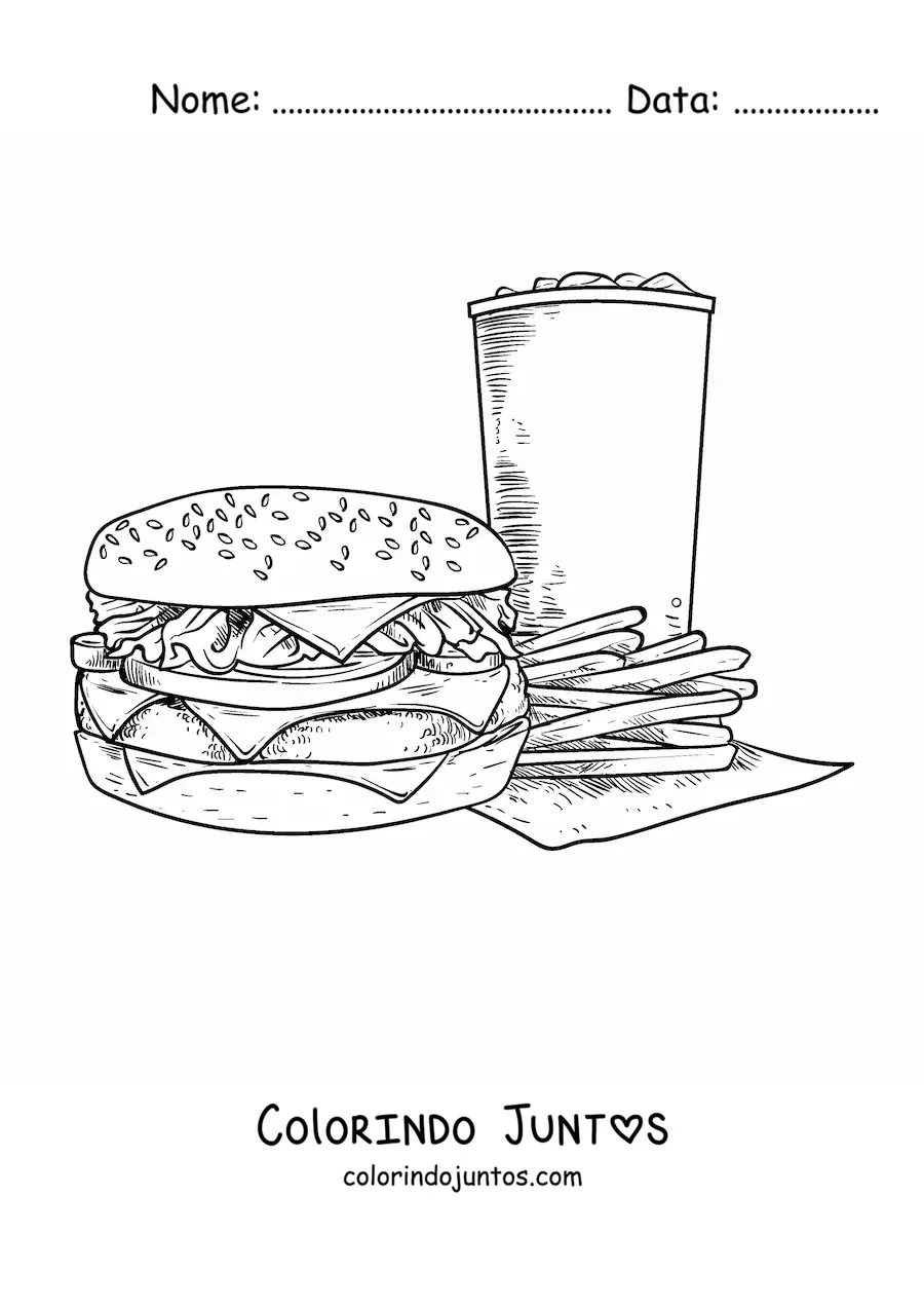 Desenho para colorir de um hamburguer com batata frita e refrigerante realista