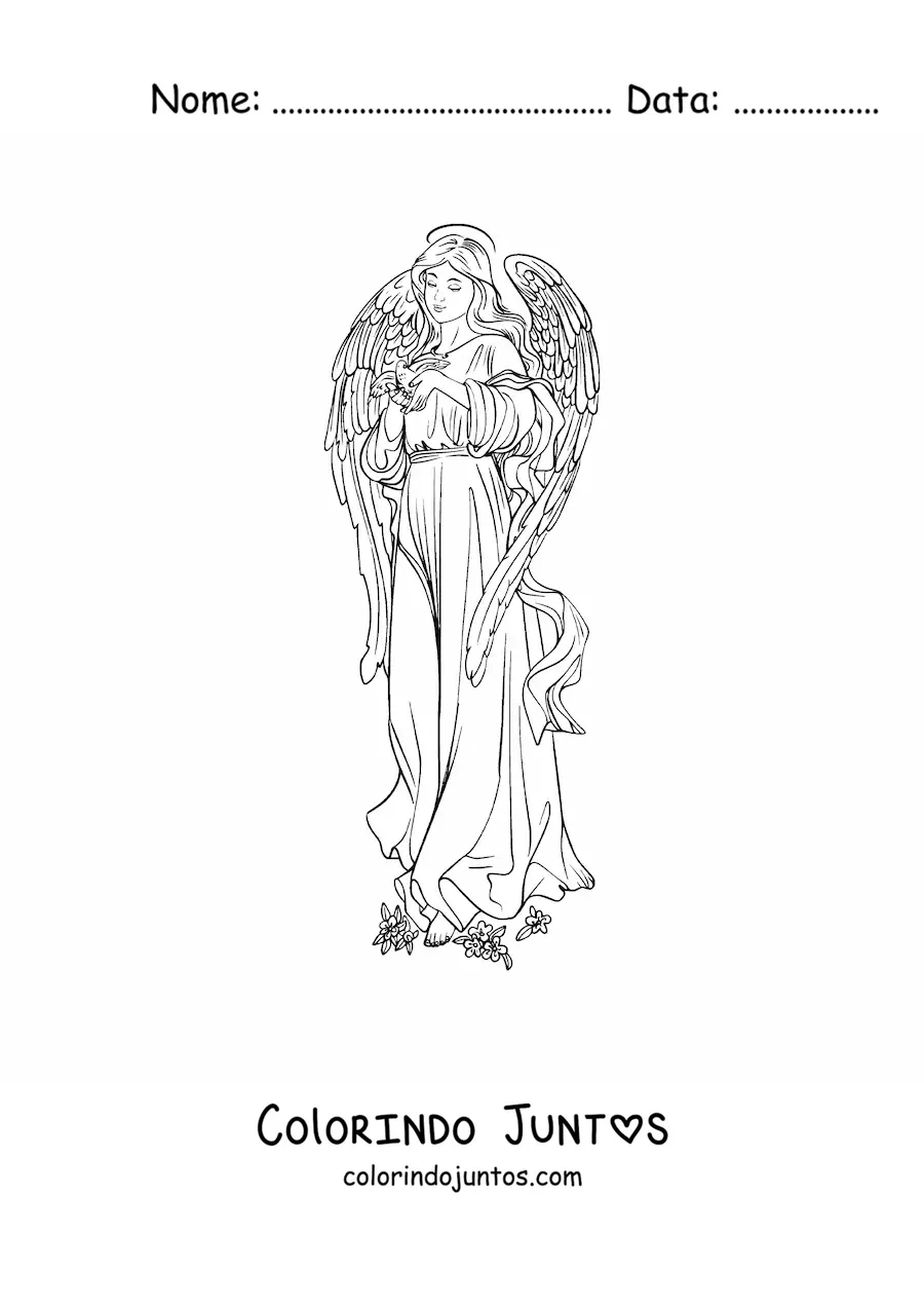 Desenho para colorir de anjo feminino realista com flores e uma pomba