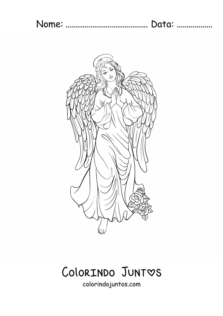 Desenho para colorir de anjo feminino realista com flores