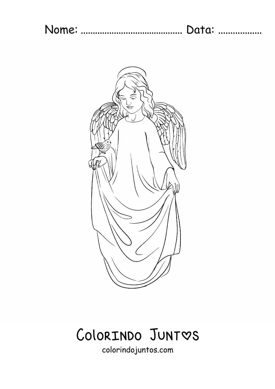 Desenho para colorir de menino anjo realista com uma ave