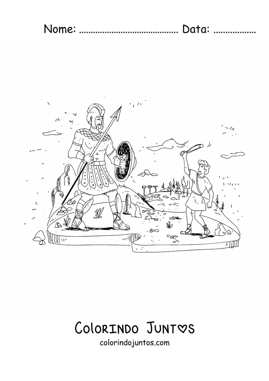 Desenho para colorir de Davi lutando contra o gigante Golias da Bíblia