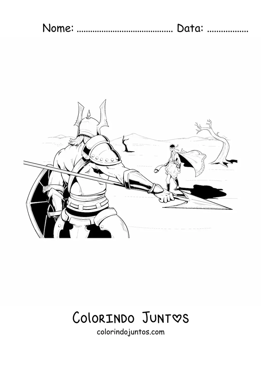 Desenho para colorir de batalha de Davi e o gigante Golias da Bíblia