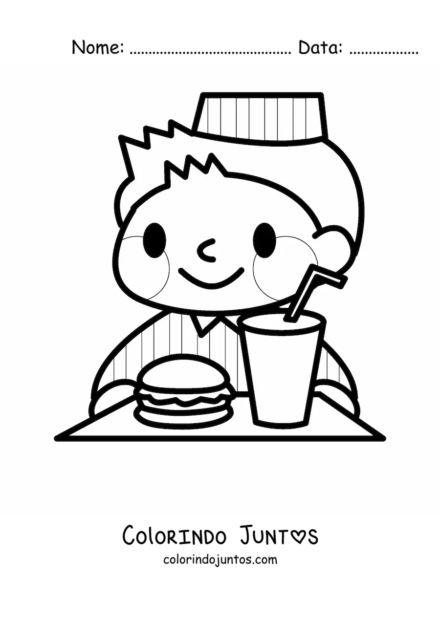 Desenho para colorir de um funcionario de uma hamburgueria com hamburguer e refrigerante