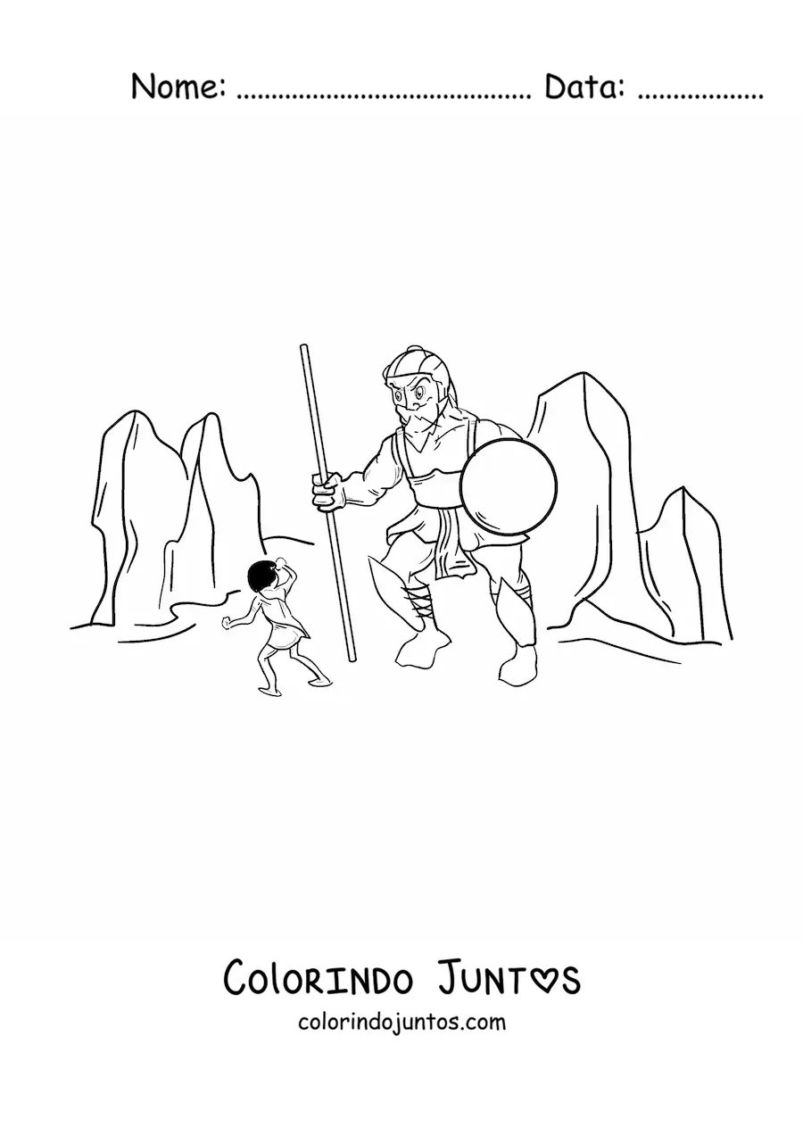 Desenho para colorir de homem lutando contra um gigante