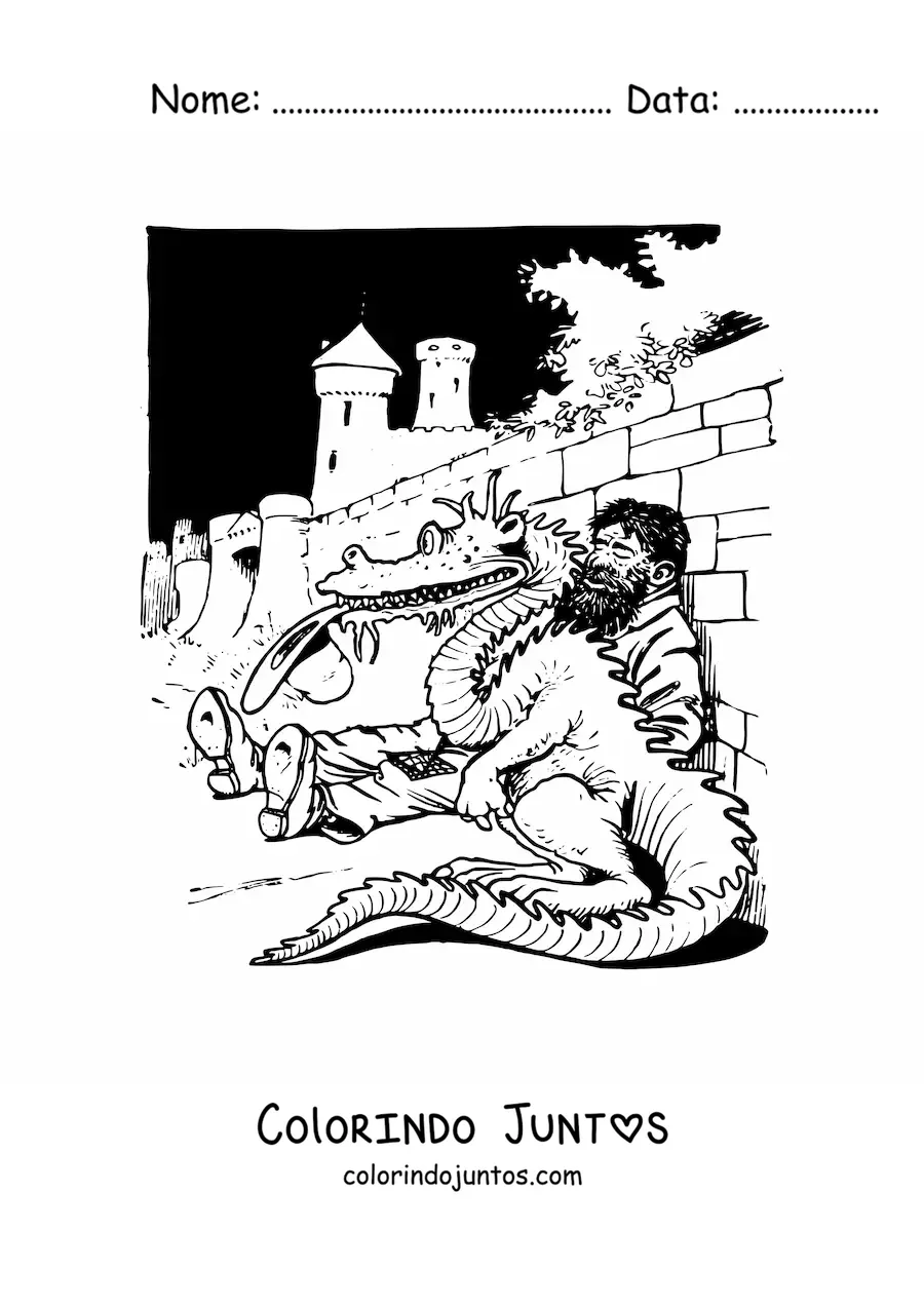 Desenho para colorir de gigante dormindo ao lado de um dragão
