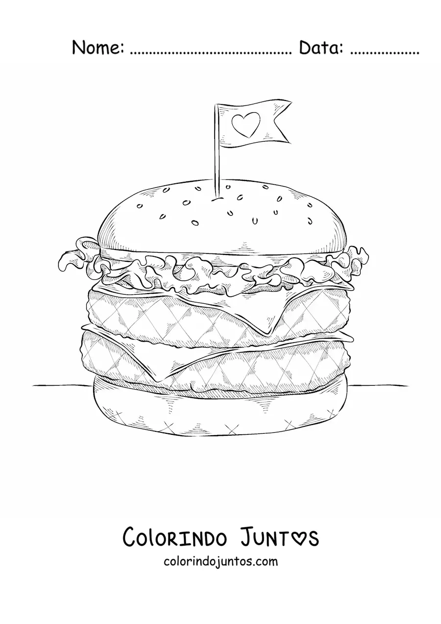 Desenho para colorir de um hamburguer duplo com uma bandeirinha de coracao
