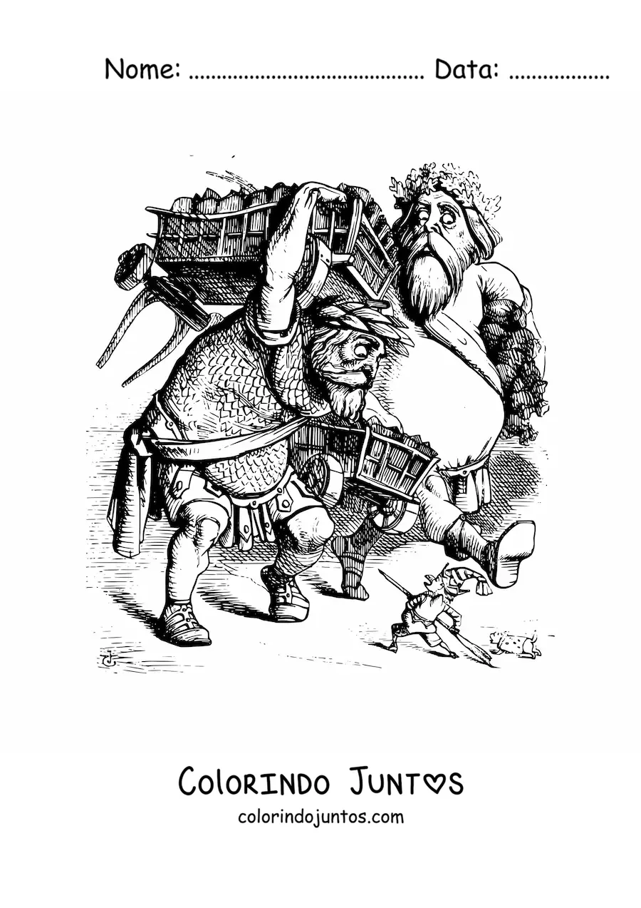 Desenho para colorir de gigantes caminhando ao lado de um homem