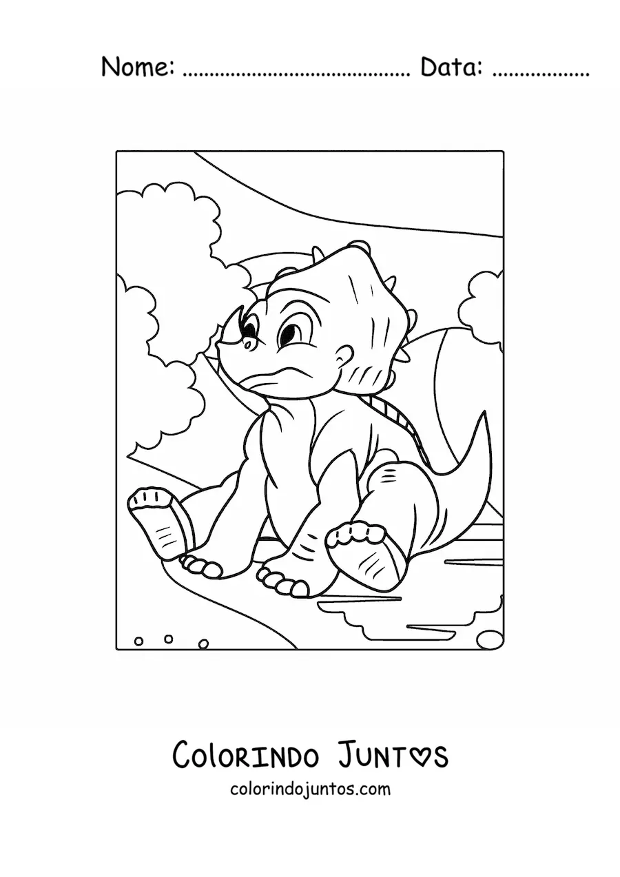 Desenho para colorir de triceratops bebê triste sentado