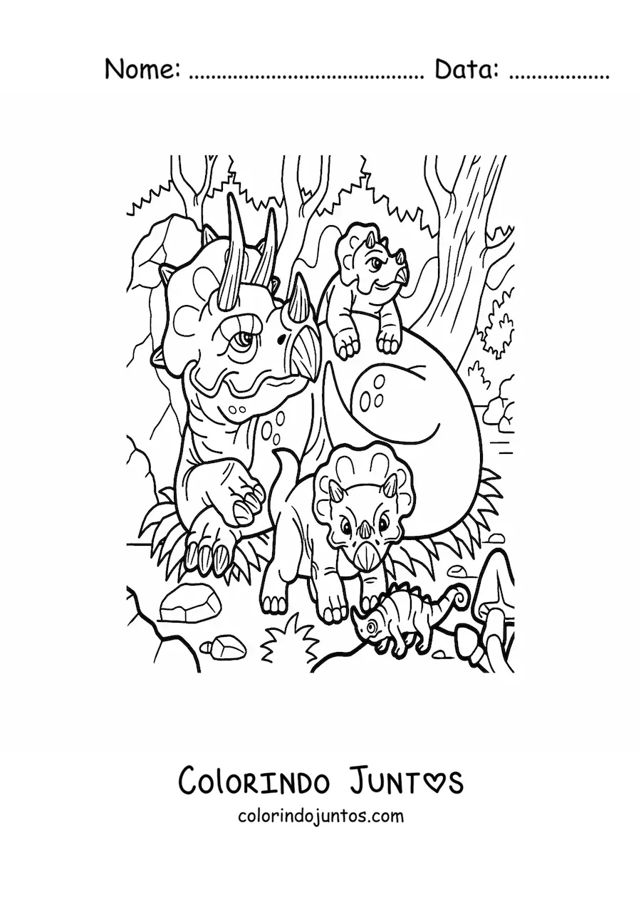 Desenho para colorir de mamãe triceratops com seus bebês na selva