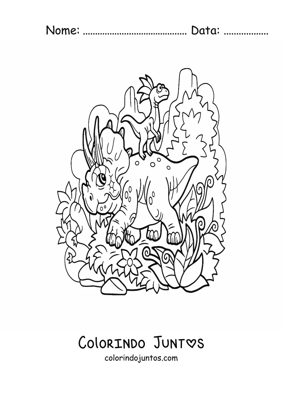 Desenho para colorir de triceratops com um amigo em seu habitat