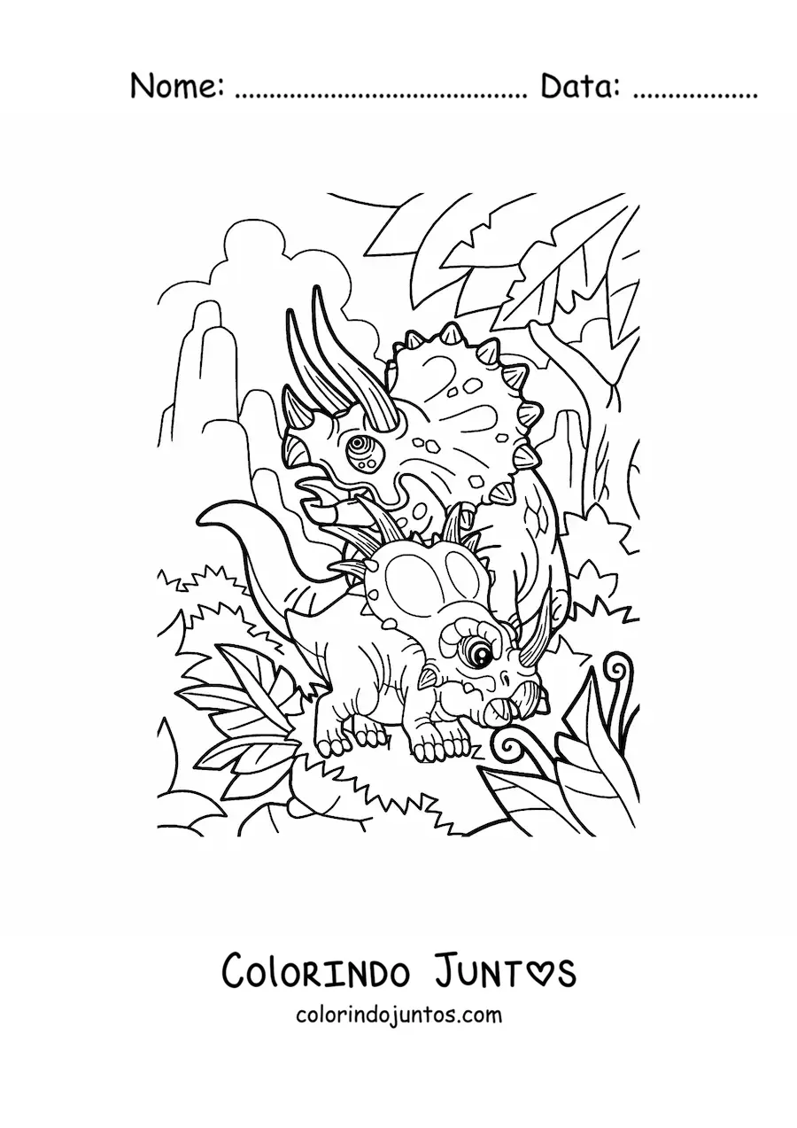 Desenho para colorir de triceratops com bebê ceratopsídeo