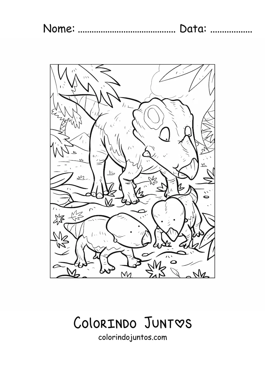 Desenho para colorir de ceratopsídeo parecido com o triceratops com seus bebês