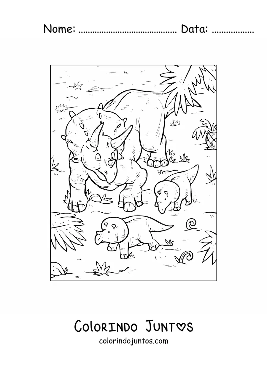 Desenho para colorir de triceratops com seus bebês em seu habitat natural