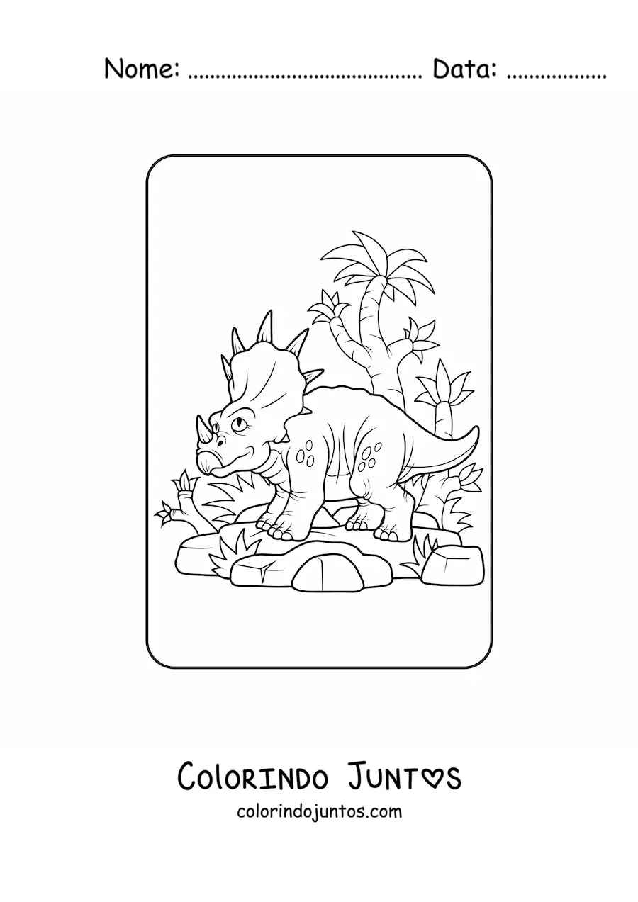 Desenho para colorir de triceratops animado em seu habitat
