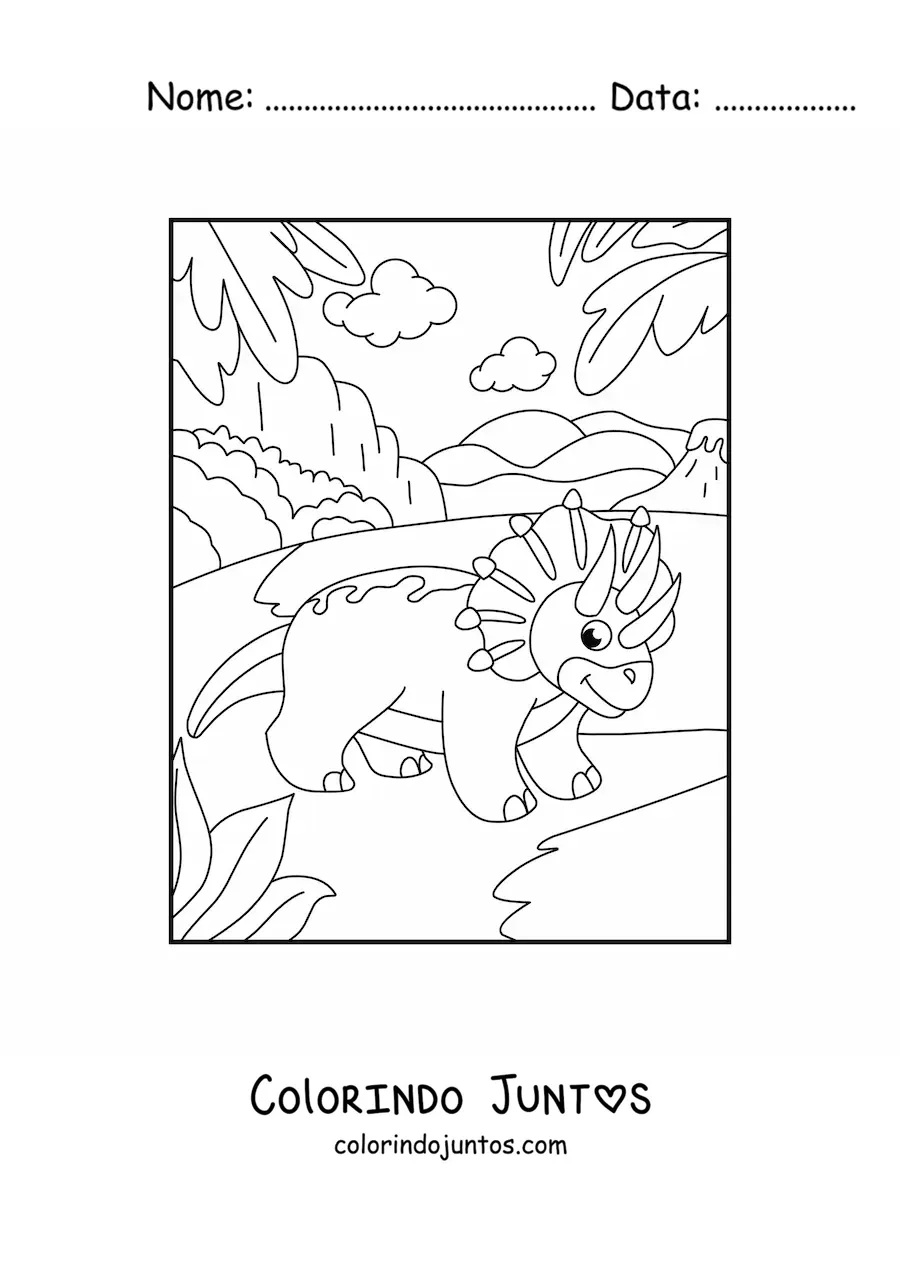 Desenho para colorir de triceratops em desenho animado em seu habitat