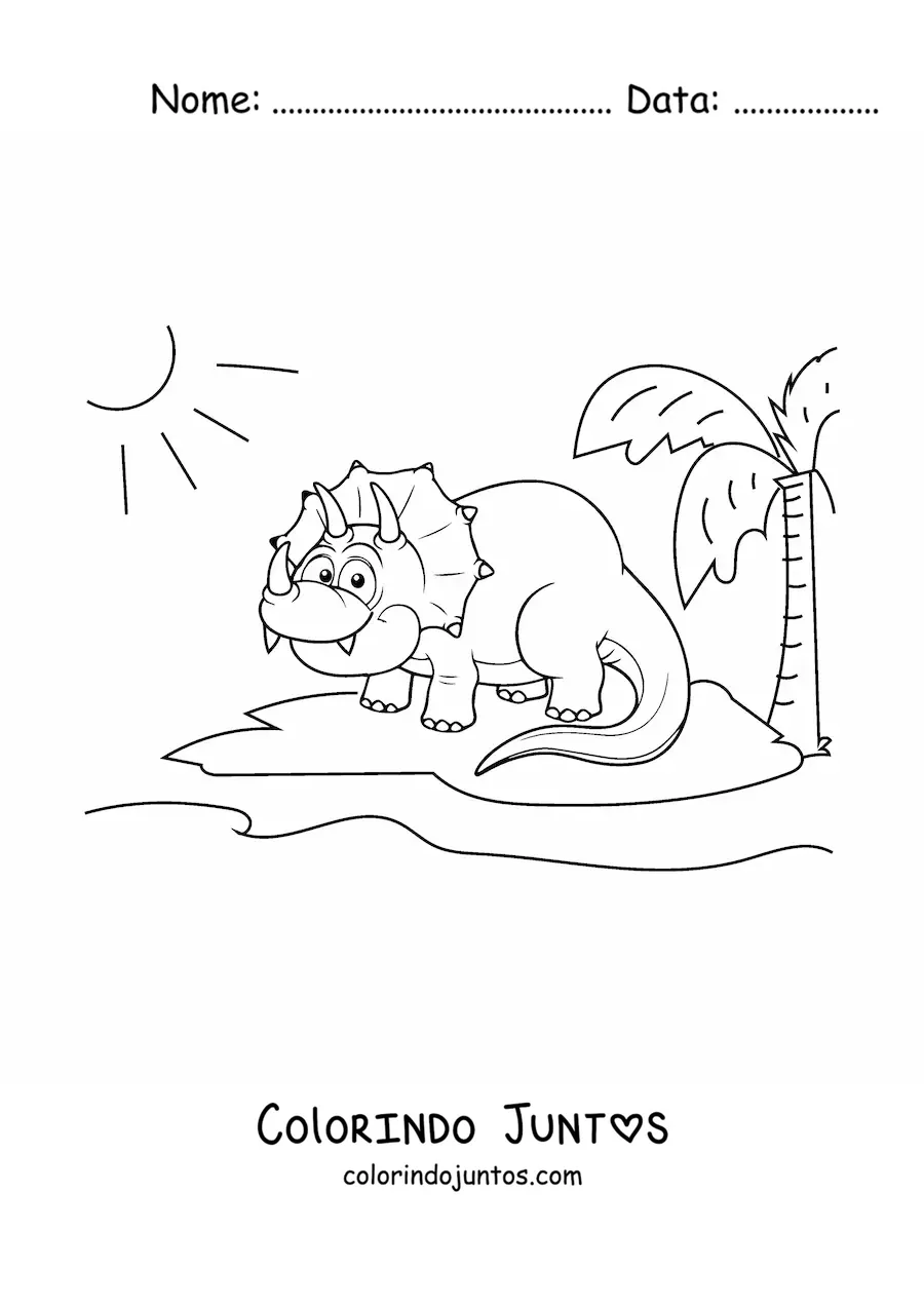 Desenho para colorir de triceratops animado sorrindo em seu habitat