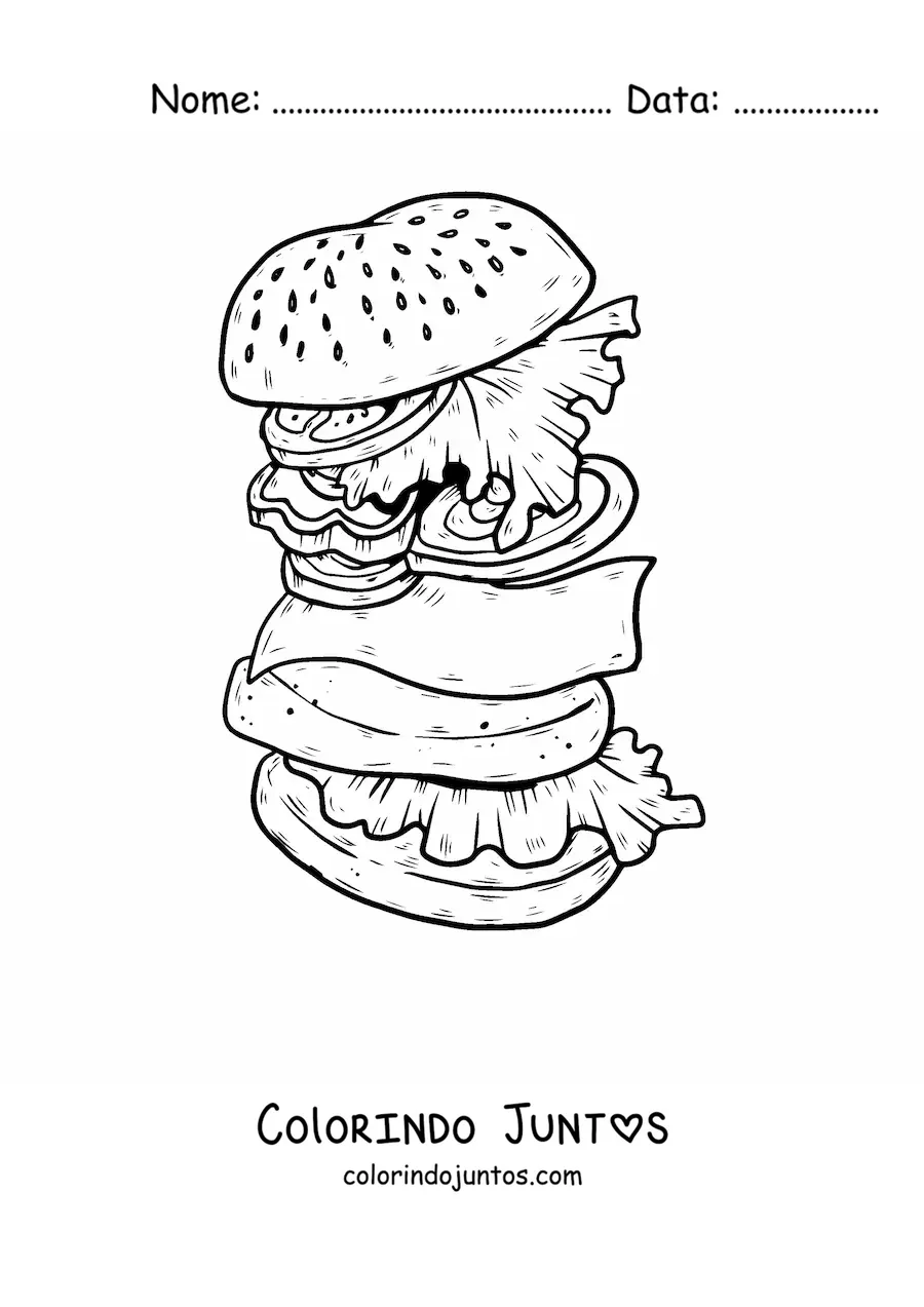Desenho para colorir de um hamburguer desmontado com alface, tomate, queijo e carne