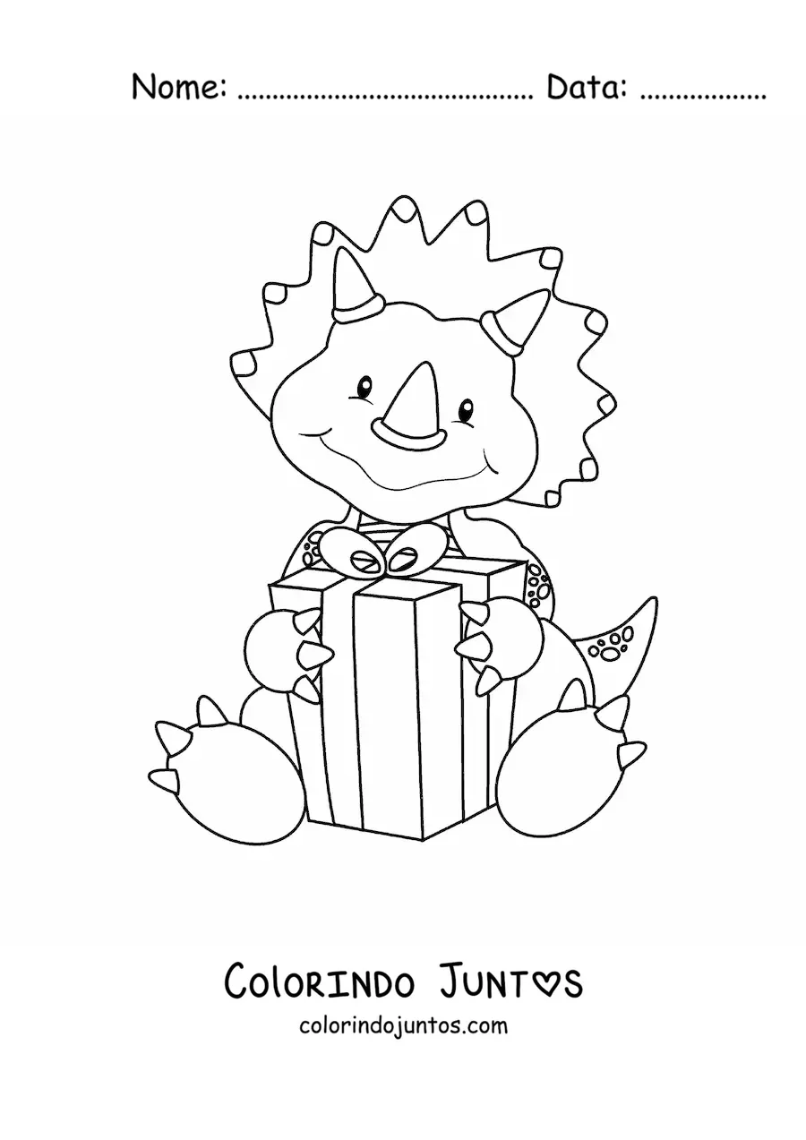 Desenho para colorir de triceratops fofo animado com um presente