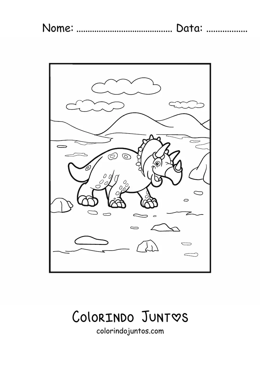 Desenho para colorir de triceratops animado caminhando em seu habitat