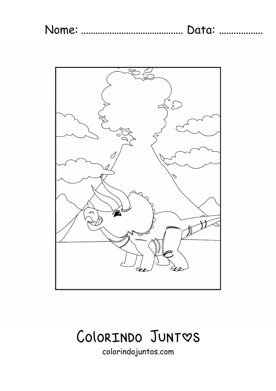 Desenho para colorir de triceratops em frente a um vulcão