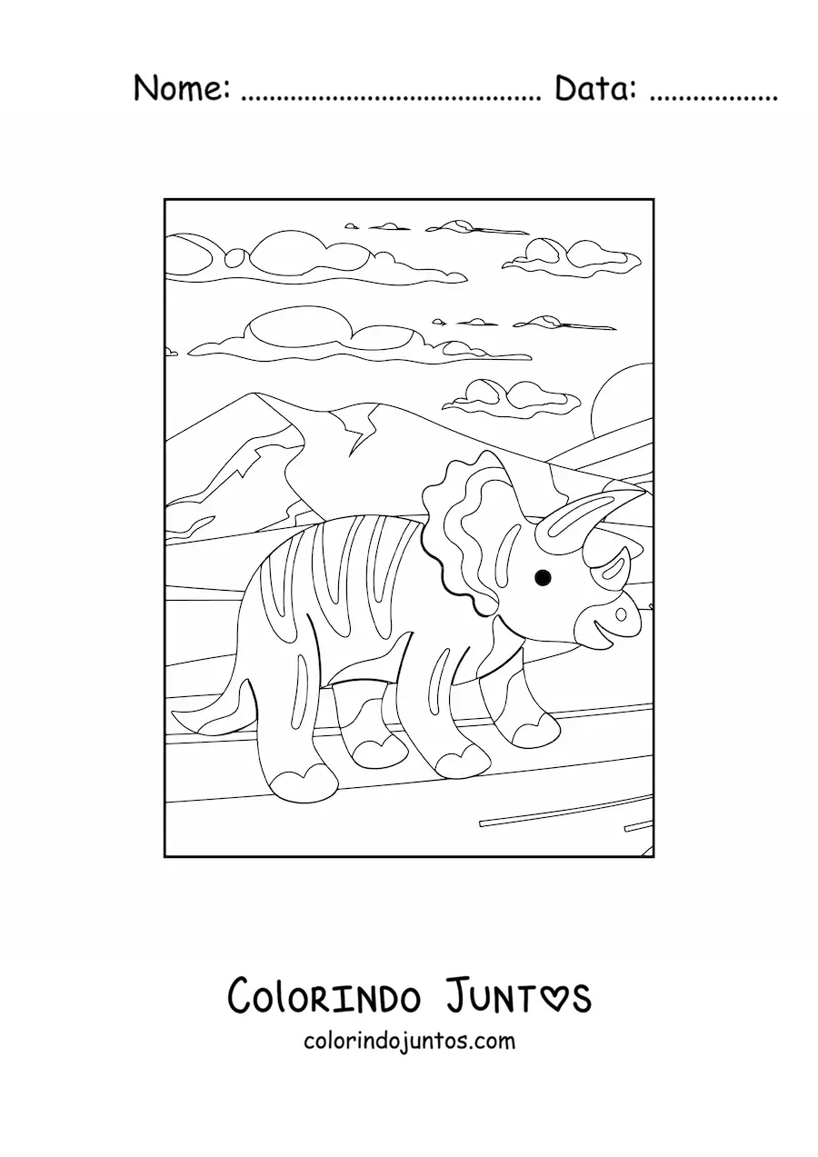 Desenho para colorir de triceratops fofo em seu habitat
