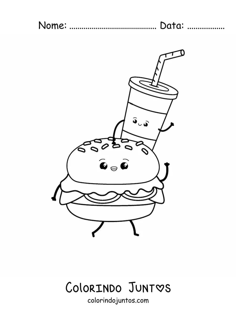 Desenho para colorir de um hamburguer caminhando com um refrigerante em cima animado