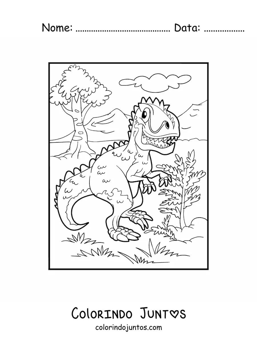 Desenho para colorir de tiranossauro rex grande animado em seu habitat