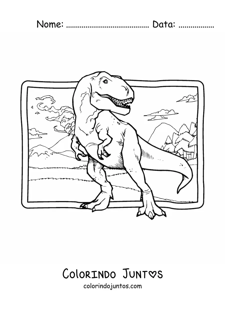 Desenho para colorir de tiranossauro rex realista em seu habitat
