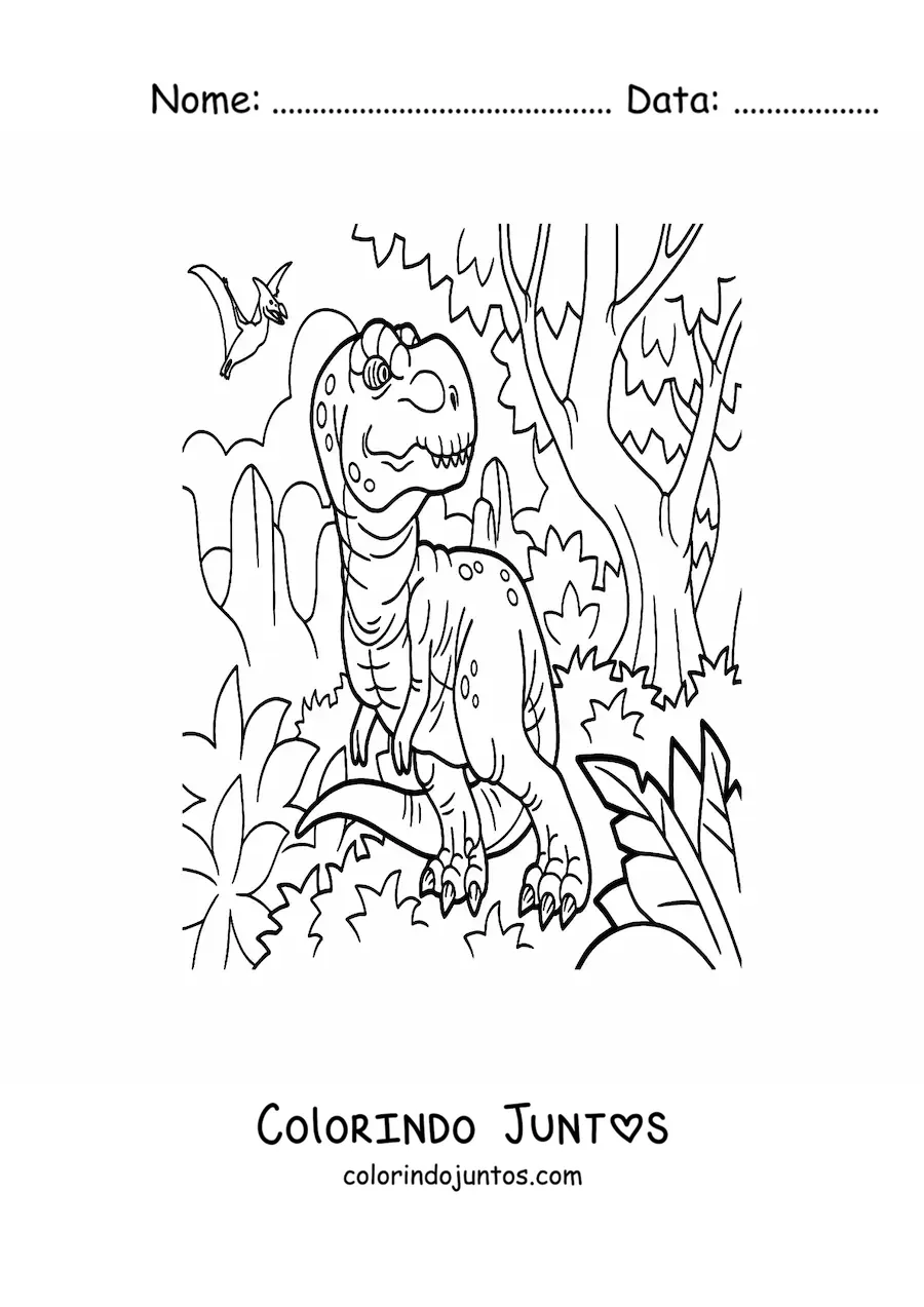 Desenho para colorir de tiranossauro rex animado em seu habitat