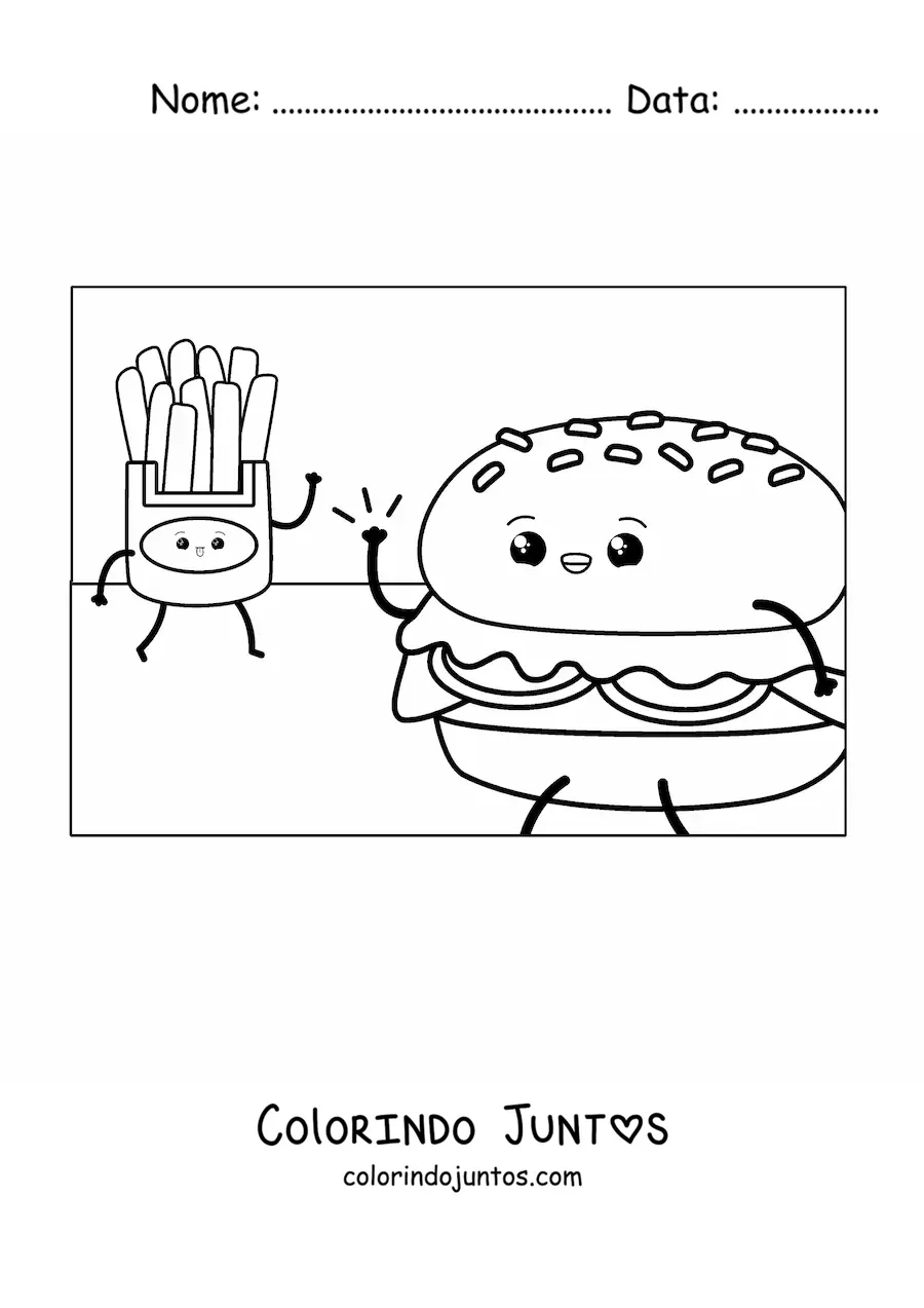 Desenho para colorir de um hamburguer animado cumprimentando umas batatas fritas
