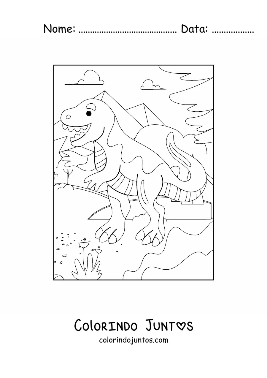 Desenho para colorir de t rex grande animado em seu habitat
