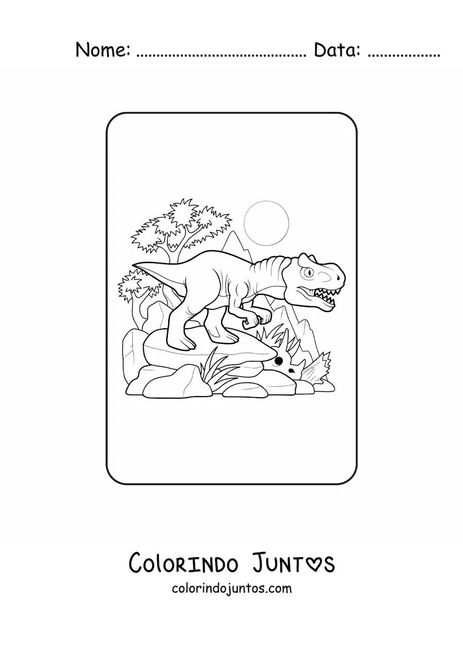 Desenho para colorir de tiranossauro rex animado em seu habitat
