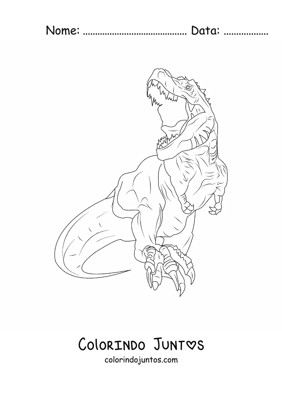 Desenho para colorir de tiranossauro rex realista correndo de frente