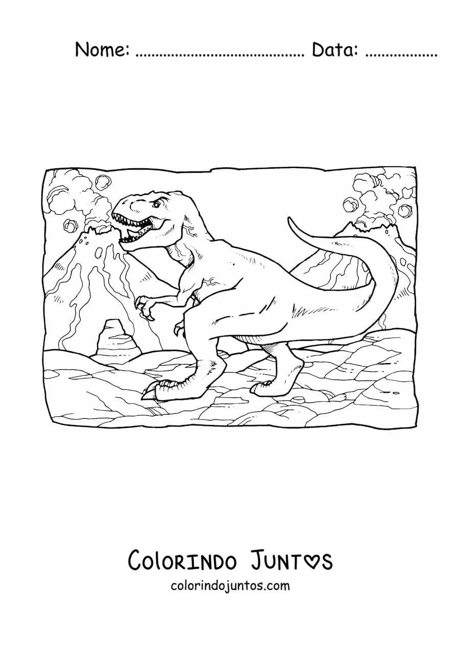 Desenho para colorir de t rex realista em seu habitat
