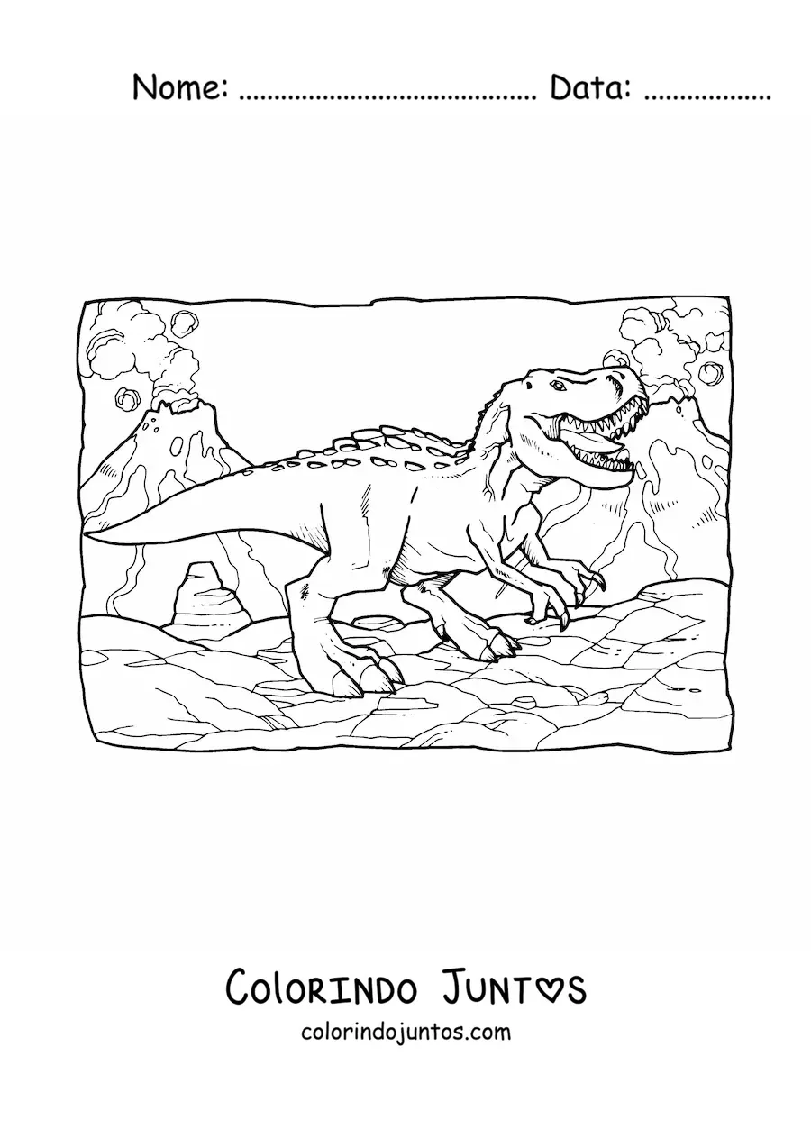 Desenho para colorir de t rex realista rugindo em seu habitat