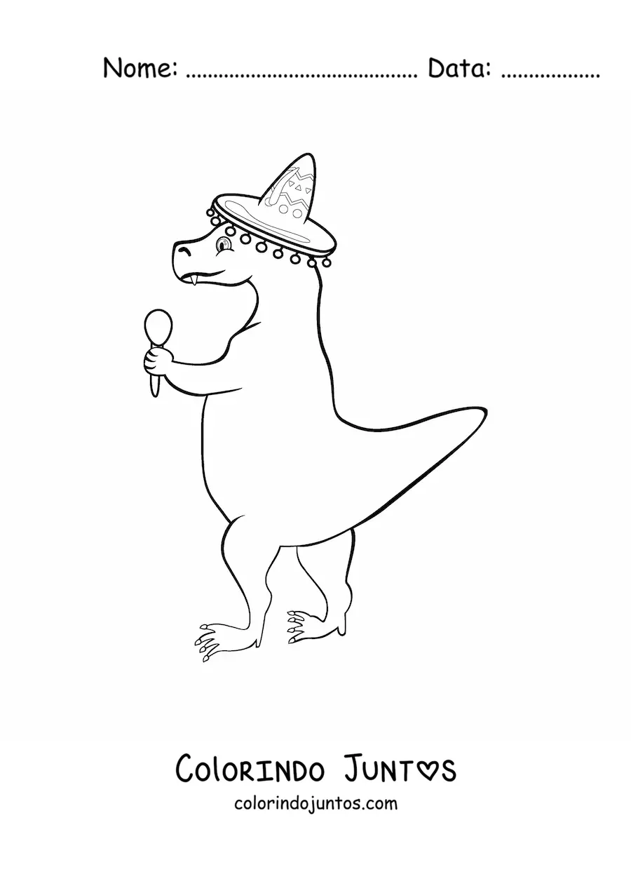 Desenho para colorir de tiranossauro rex animado com chapéu mexicano