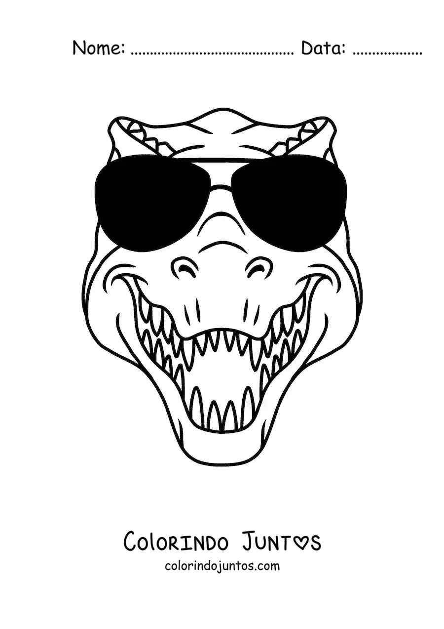Desenho para colorir de cabeça de um tiranossauro rex com óculos