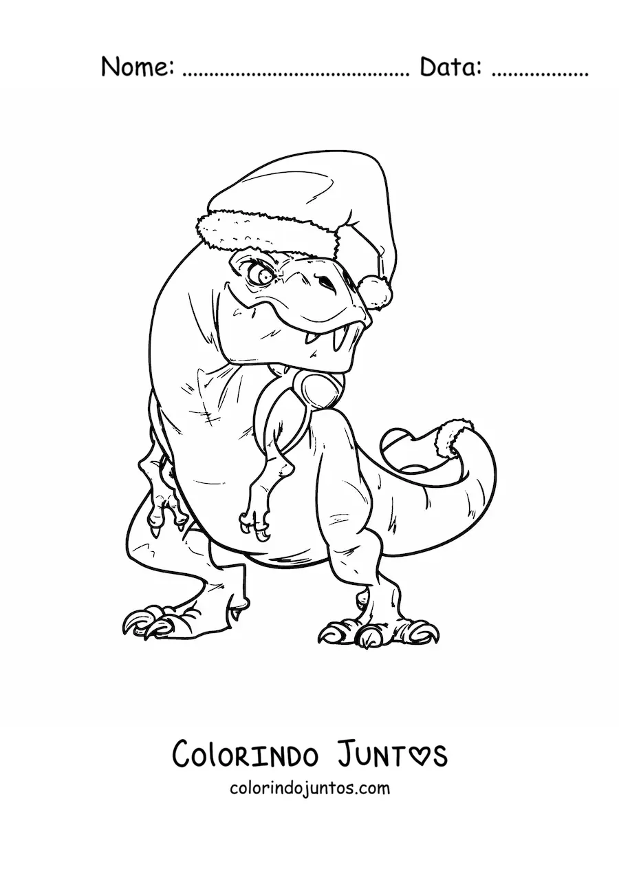 Desenho para colorir de tiranossauro rex com gorro de Natal