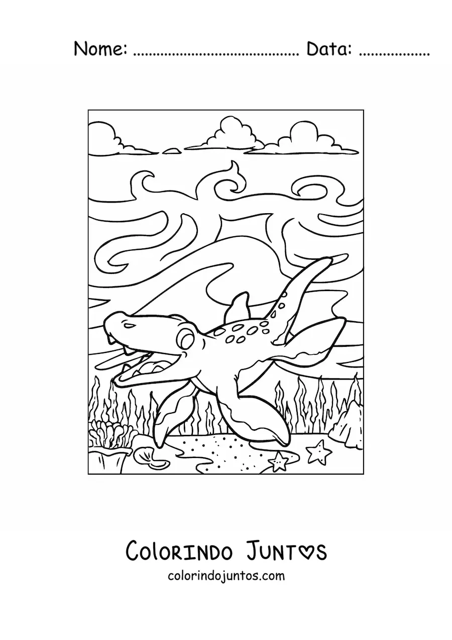 Desenho para colorir de dinossauro aquático bebê animado em seu habitat